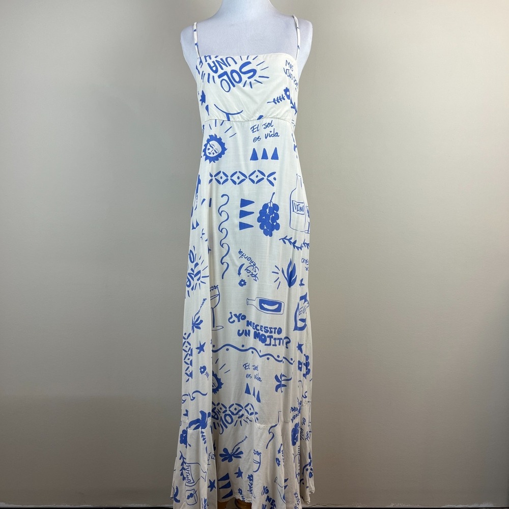 Paper Heart Maxi Dress Large Graphic Vino Mojito Vacation Ruffle Tie Open Back L